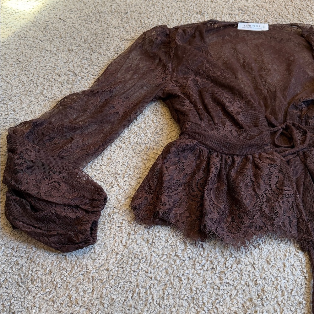 12th Tribe Sheer Lace Tie-Front Blouse in Dark Brown - Picture 4 of 10